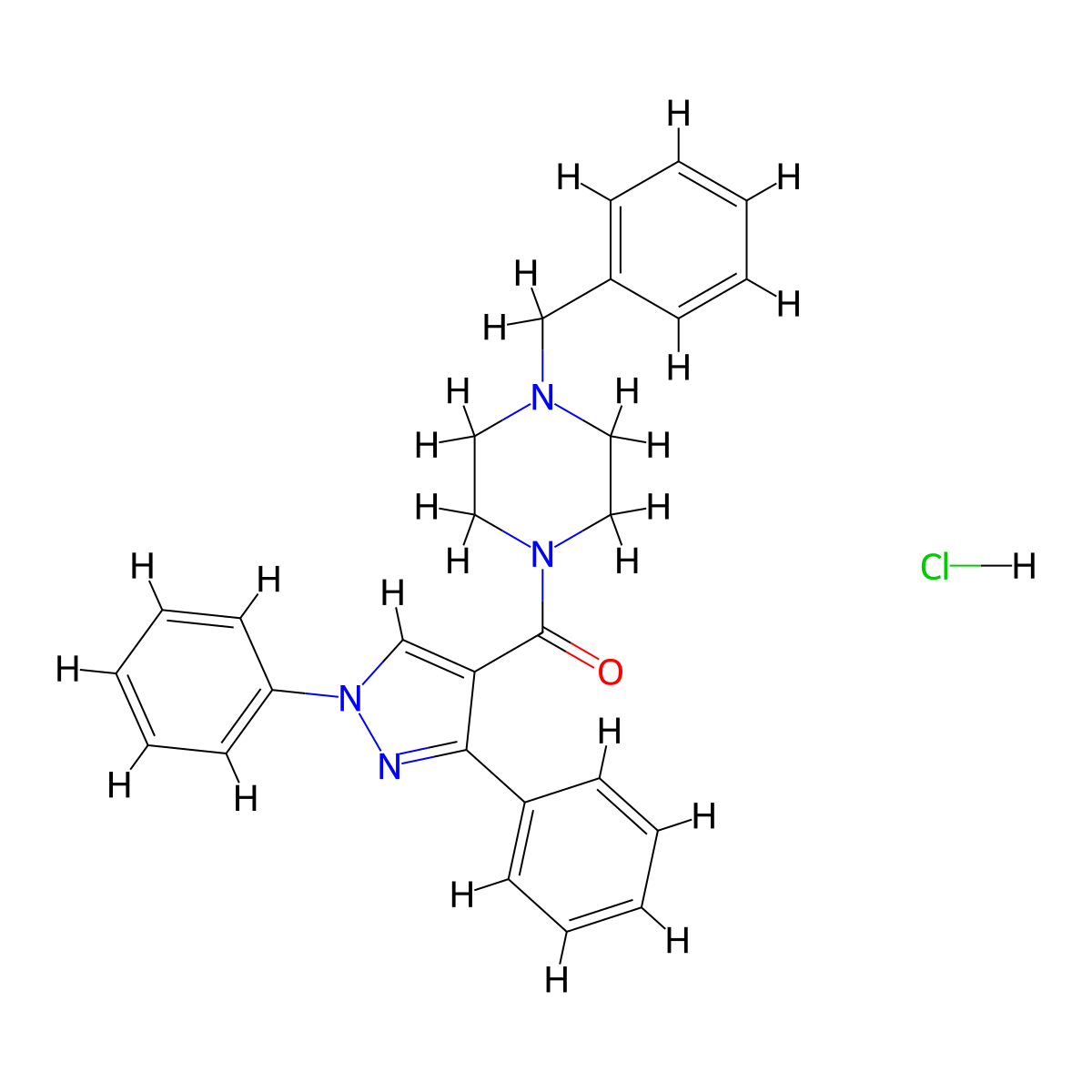 (4-Benzylpiperazin-1-yl)(1,3-diphenyl-1H-pyrazol-4-yl)methanone--hydrogen chloride (1/1) molecular structure, CAS 125103-41-5