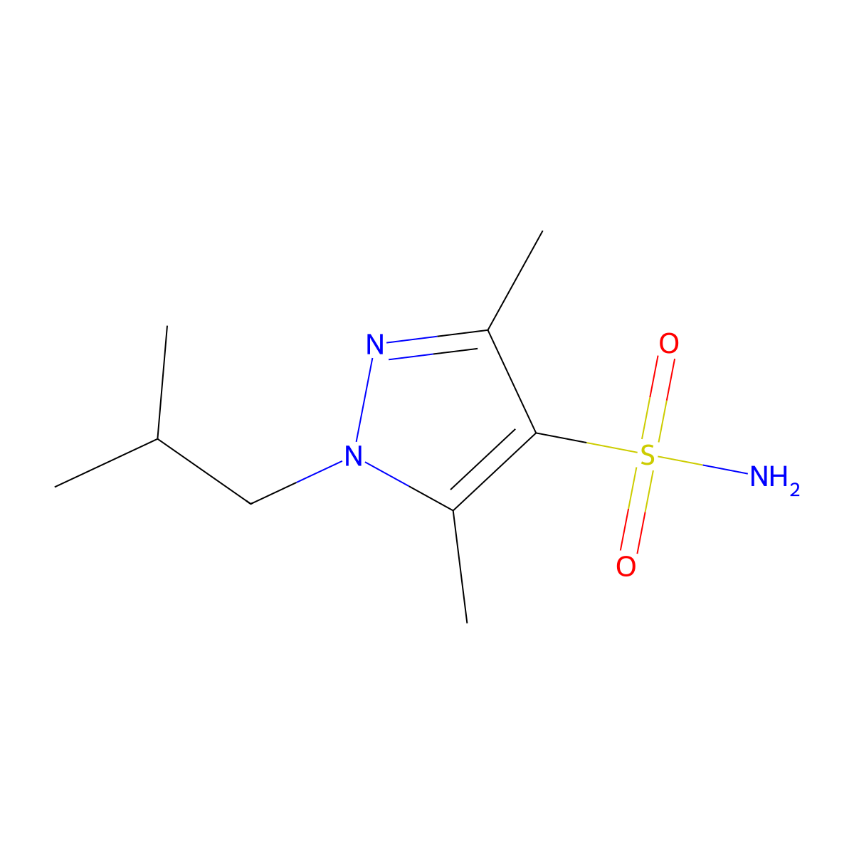 3,5-dimethyl-1-(2-methylpropyl)-1H-pyrazole-4-sulfonamide molecular structure, CAS 1251037-85-0