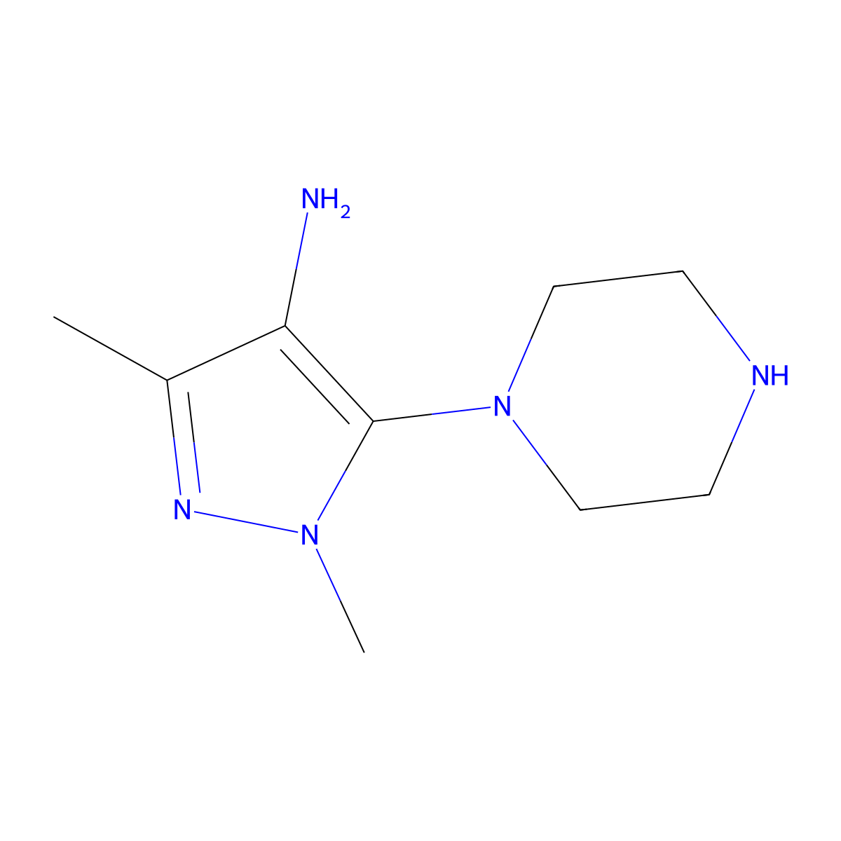 1,3-dimethyl-5-(piperazin-1-yl)-1H-pyrazol-4-amine molecular structure, CAS 1251303-09-9