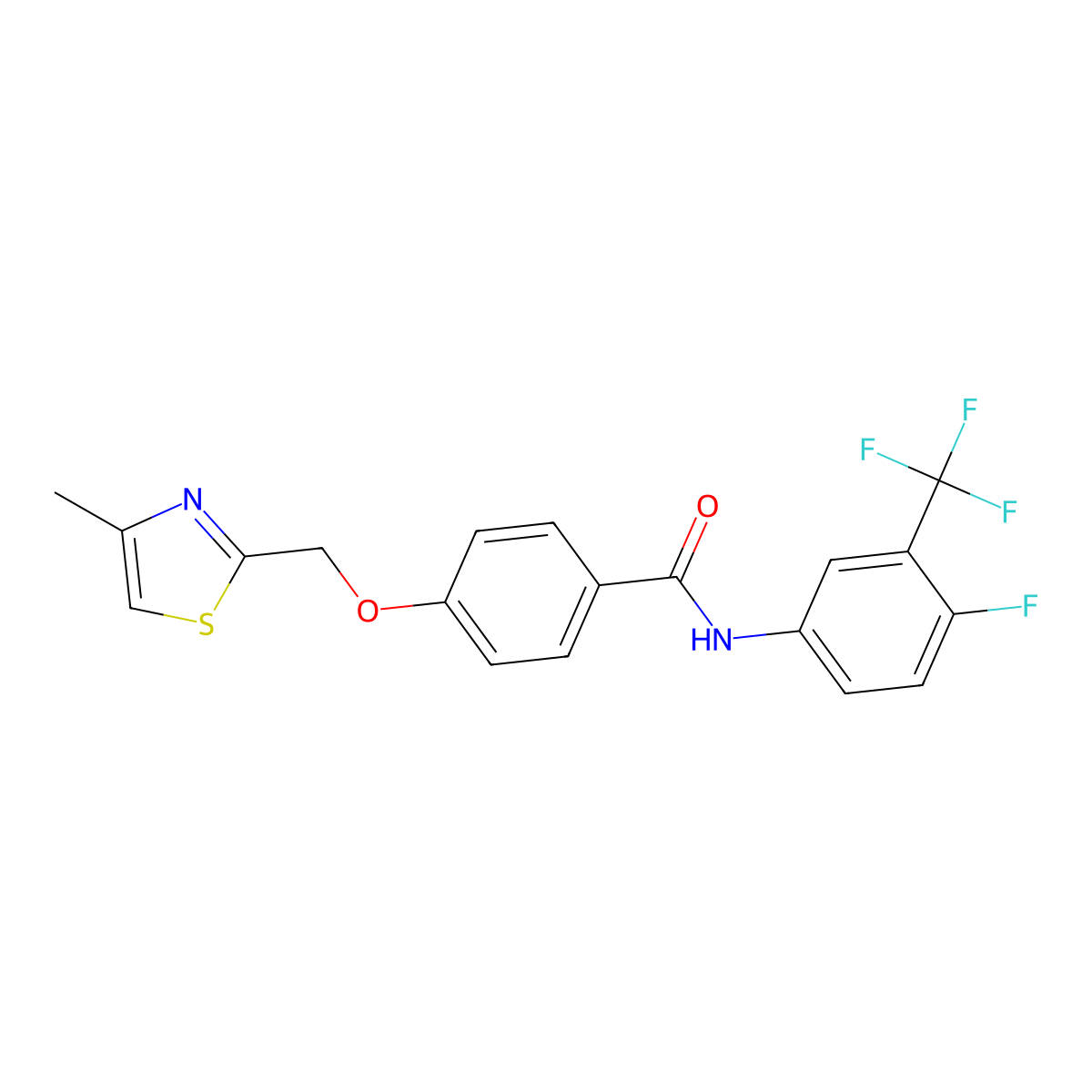 N-(4-fluoro-3-(trifluoromethyl)phenyl)-4-((4-methylthiazol-2-yl)methoxy)benzamide molecular structure, CAS 1251542-70-7