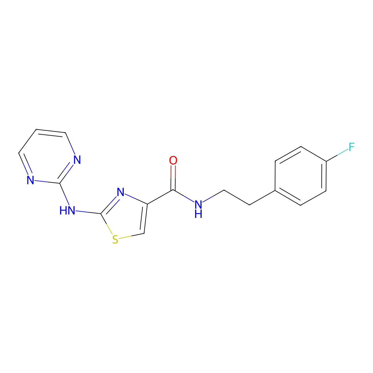 N-(4-fluorophenethyl)-2-(pyrimidin-2-ylamino)thiazole-4-carboxamide molecular structure, CAS 1251542-71-8