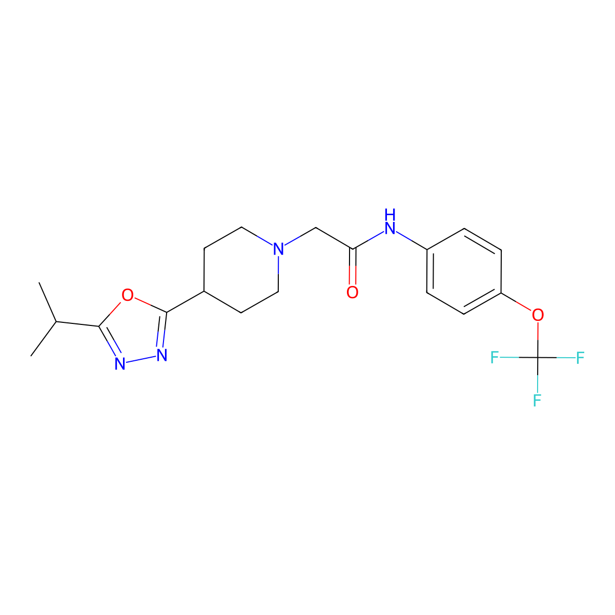 2-(4-(5-isopropyl-1,3,4-oxadiazol-2-yl)piperidin-1-yl)-N-(4-(trifluoromethoxy)phenyl)acetamide molecular structure, CAS 1251542-73-0