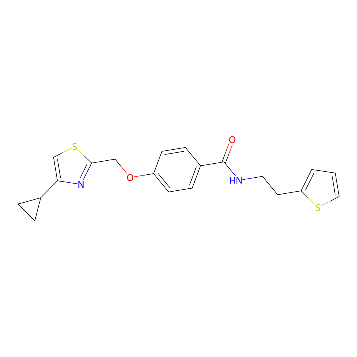 4-((4-cyclopropylthiazol-2-yl)methoxy)-N-(2-(thiophen-2-yl)ethyl)benzamide molecular structure, CAS 1251542-78-5