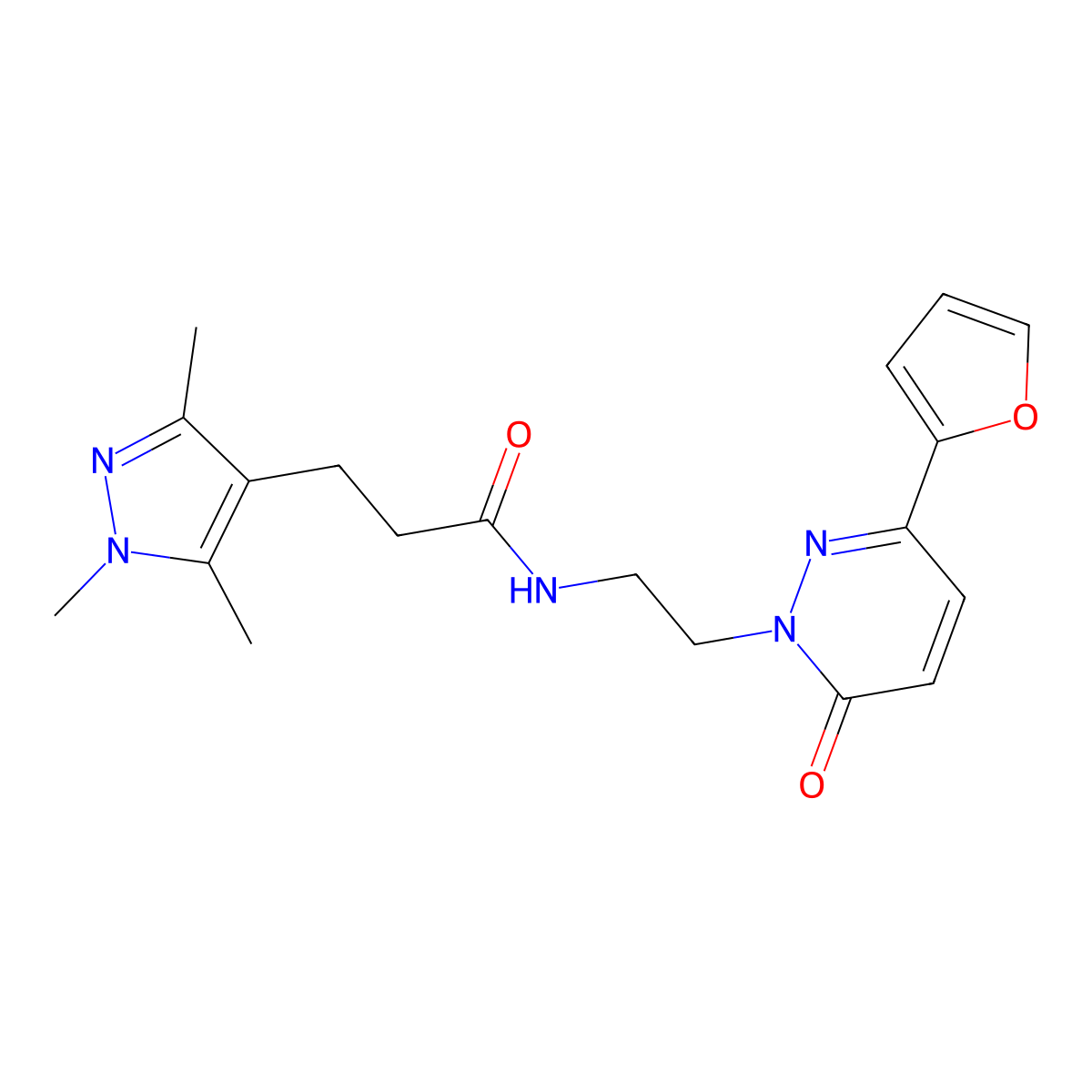 N-(2-(3-(furan-2-yl)-6-oxopyridazin-1(6H)-yl)ethyl)-3-(1,3,5-trimethyl-1H-pyrazol-4-yl)propanamide molecular structure, CAS 1251542-85-4