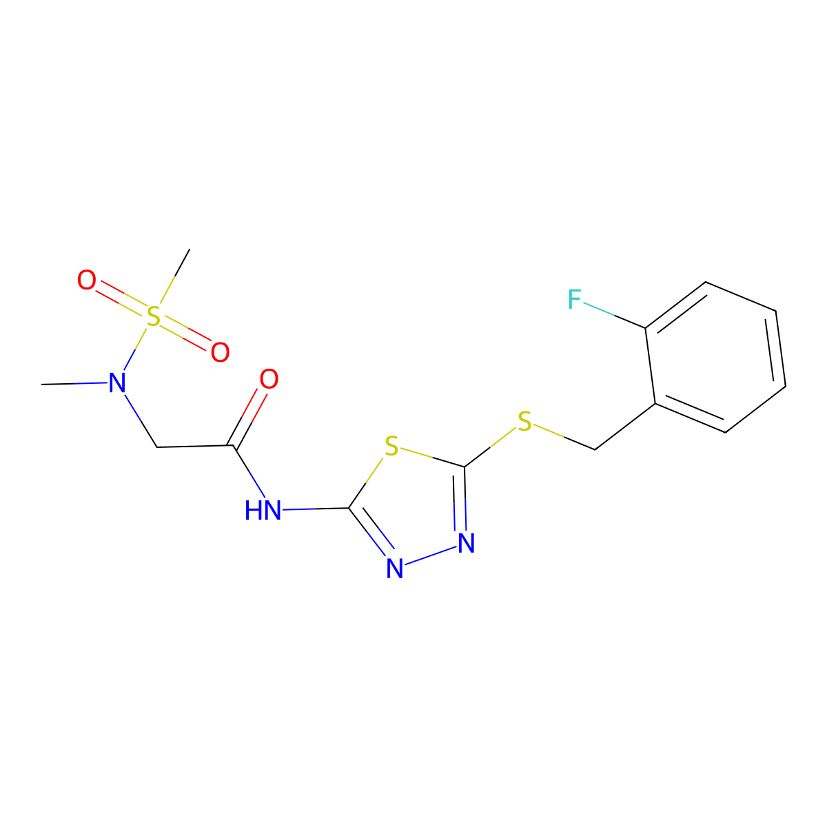 N-(5-{[(2-fluorophenyl)methyl]sulfanyl}-1,3,4-thiadiazol-2-yl)-2-(N-methylmethanesulfonamido)acetamide molecular structure, CAS 1251542-87-6