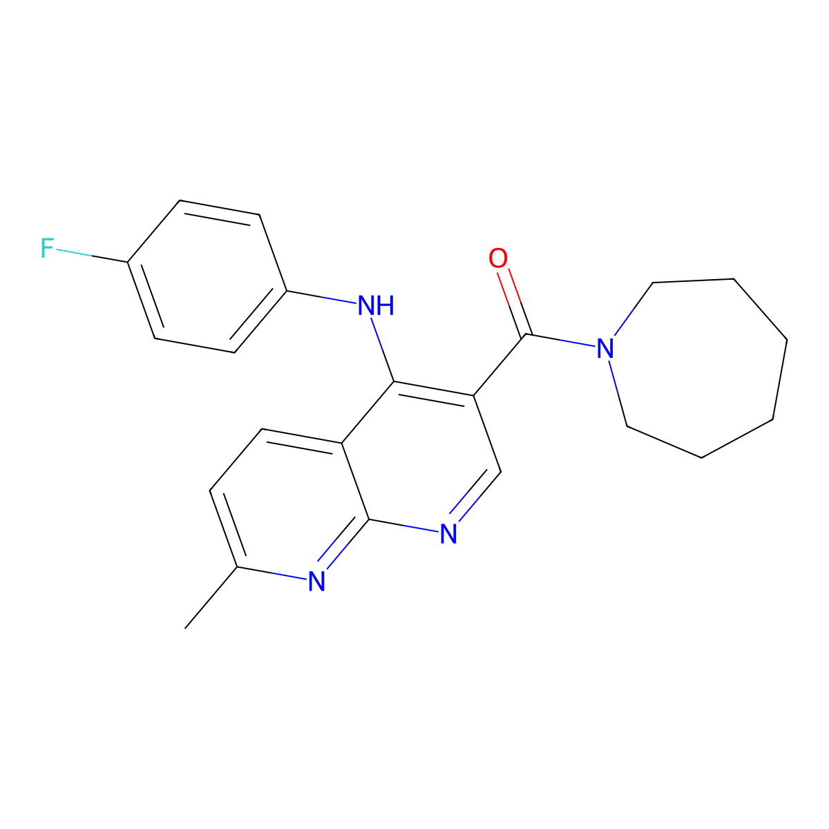Azepan-1-yl(4-((4-fluorophenyl)amino)-7-methyl-1,8-naphthyridin-3-yl)methanone molecular structure, CAS 1251542-90-1