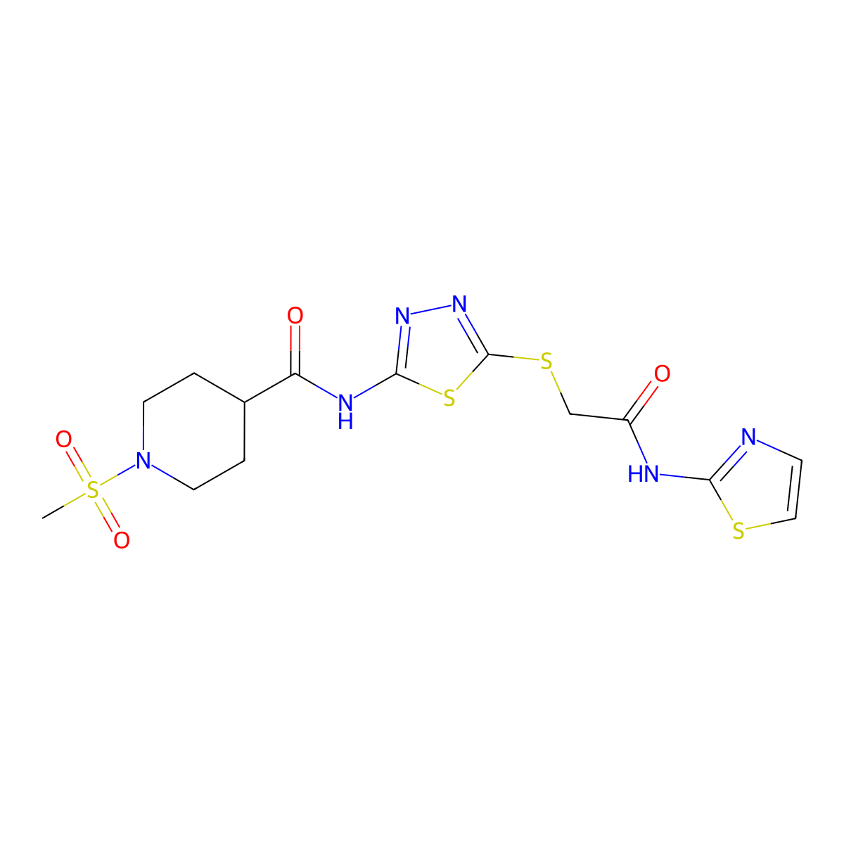 1-(methylsulfonyl)-N-(5-((2-oxo-2-(thiazol-2-ylamino)ethyl)thio)-1,3,4-thiadiazol-2-yl)piperidine-4-carboxamide molecular structure, CAS 1251542-92-3