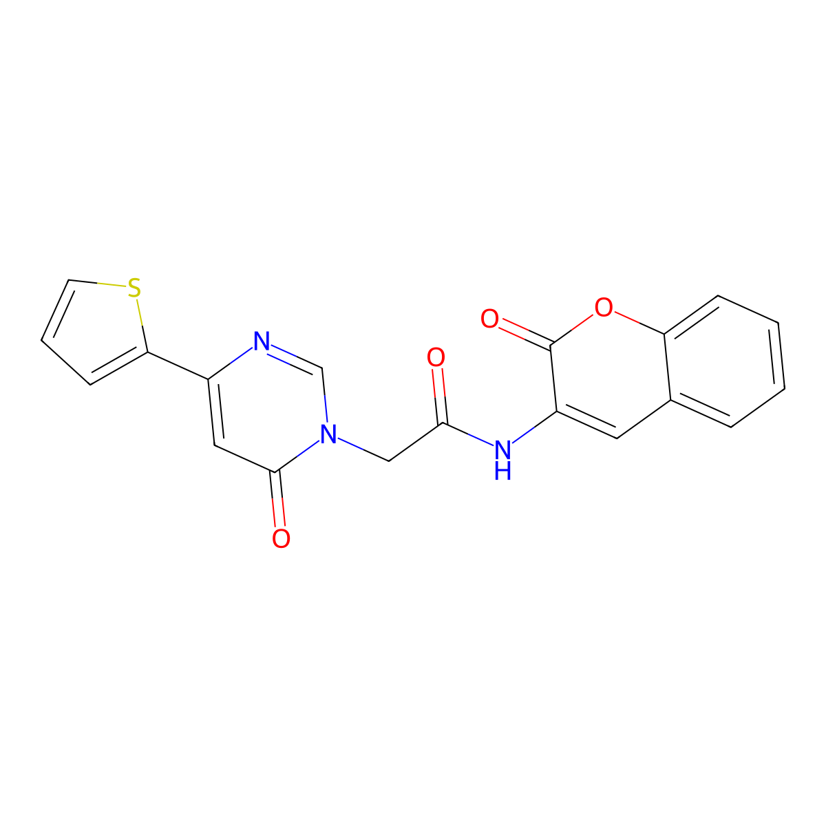 N-(2-oxo-2H-chromen-3-yl)-2-[6-oxo-4-(thiophen-2-yl)-1,6-dihydropyrimidin-1-yl]acetamide molecular structure, CAS 1251542-99-0