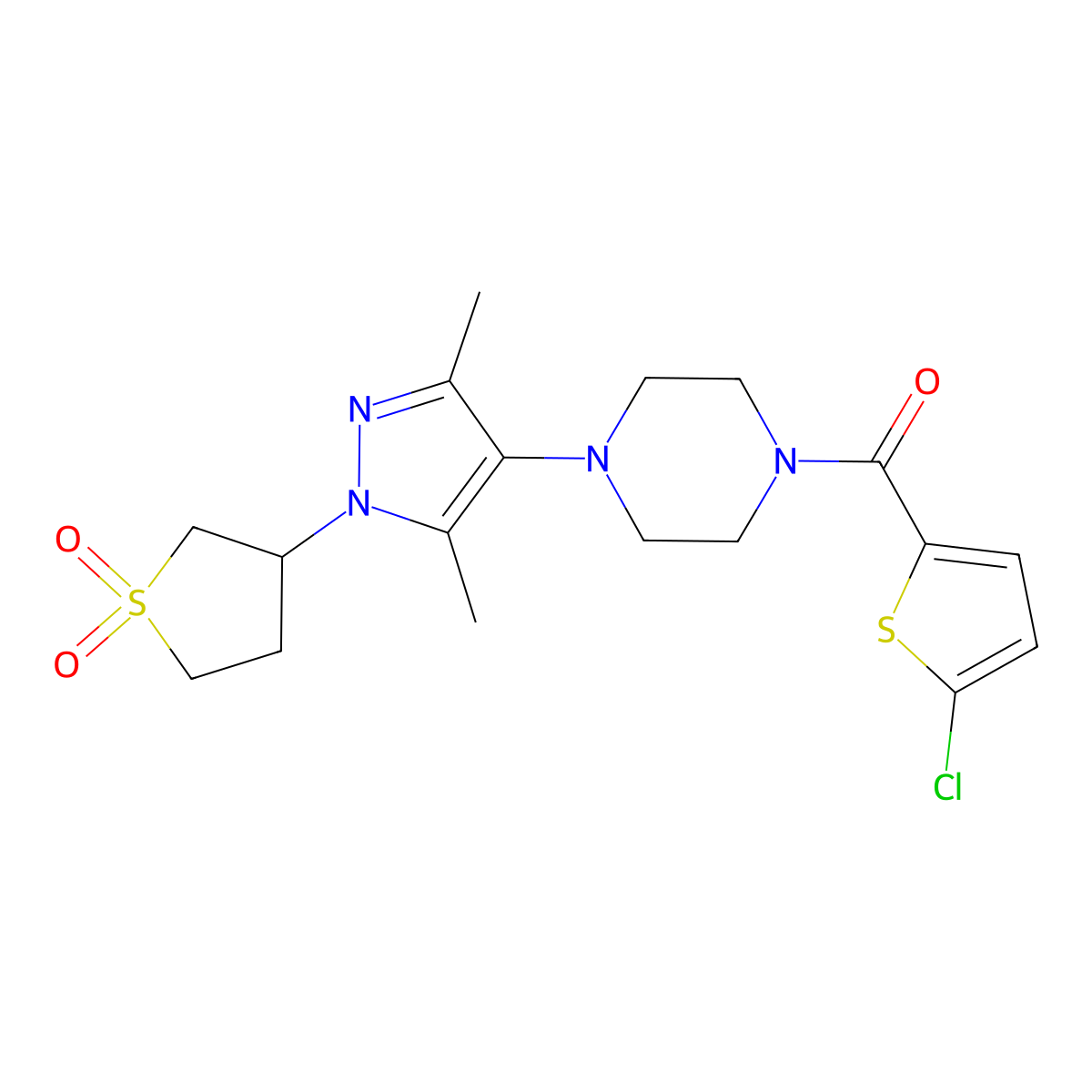 (5-chlorothiophen-2-yl)(4-(1-(1,1-dioxidotetrahydrothiophen-3-yl)-3,5-dimethyl-1H-pyrazol-4-yl)piperazin-1-yl)methanone molecular structure, CAS 1251543-03-9