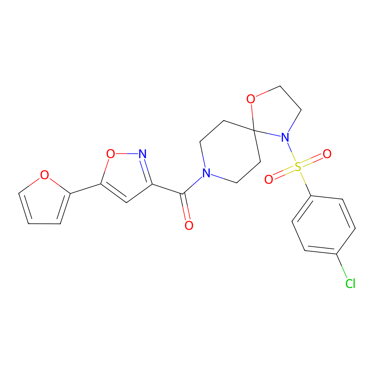(4-((4-Chlorophenyl)sulfonyl)-1-oxa-4,8-diazaspiro[4.5]decan-8-yl)(5-(furan-2-yl)isoxazol-3-yl)methanone molecular structure, CAS 1251543-07-3