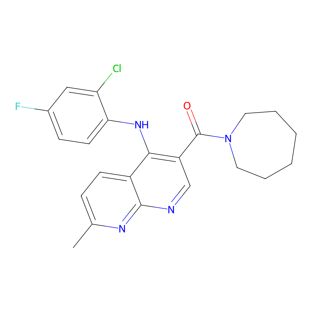Azepan-1-yl(4-((2-chloro-4-fluorophenyl)amino)-7-methyl-1,8-naphthyridin-3-yl)methanone molecular structure, CAS 1251543-19-7