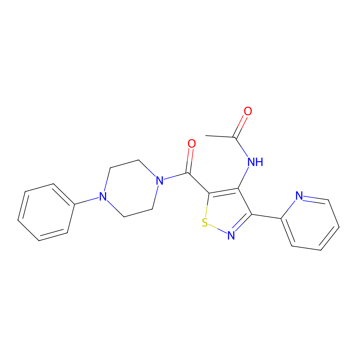 N-(5-(4-phenylpiperazine-1-carbonyl)-3-(pyridin-2-yl)isothiazol-4-yl)acetamide molecular structure, CAS 1251543-23-3