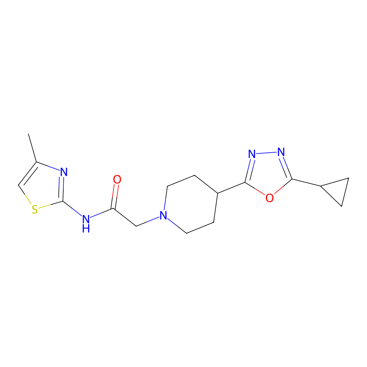 2-(4-(5-cyclopropyl-1,3,4-oxadiazol-2-yl)piperidin-1-yl)-N-(4-methylthiazol-2-yl)acetamide molecular structure, CAS 1251543-28-8