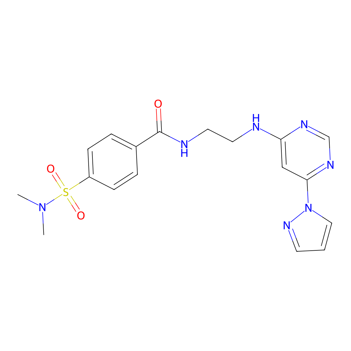 N-(2-((6-(1H-pyrazol-1-yl)pyrimidin-4-yl)amino)ethyl)-4-(N,N-dimethylsulfamoyl)benzamide molecular structure, CAS 1251543-29-9