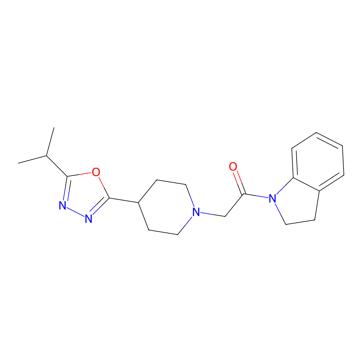 1-(Indolin-1-yl)-2-(4-(5-isopropyl-1,3,4-oxadiazol-2-yl)piperidin-1-yl)ethanone molecular structure, CAS 1251543-35-7