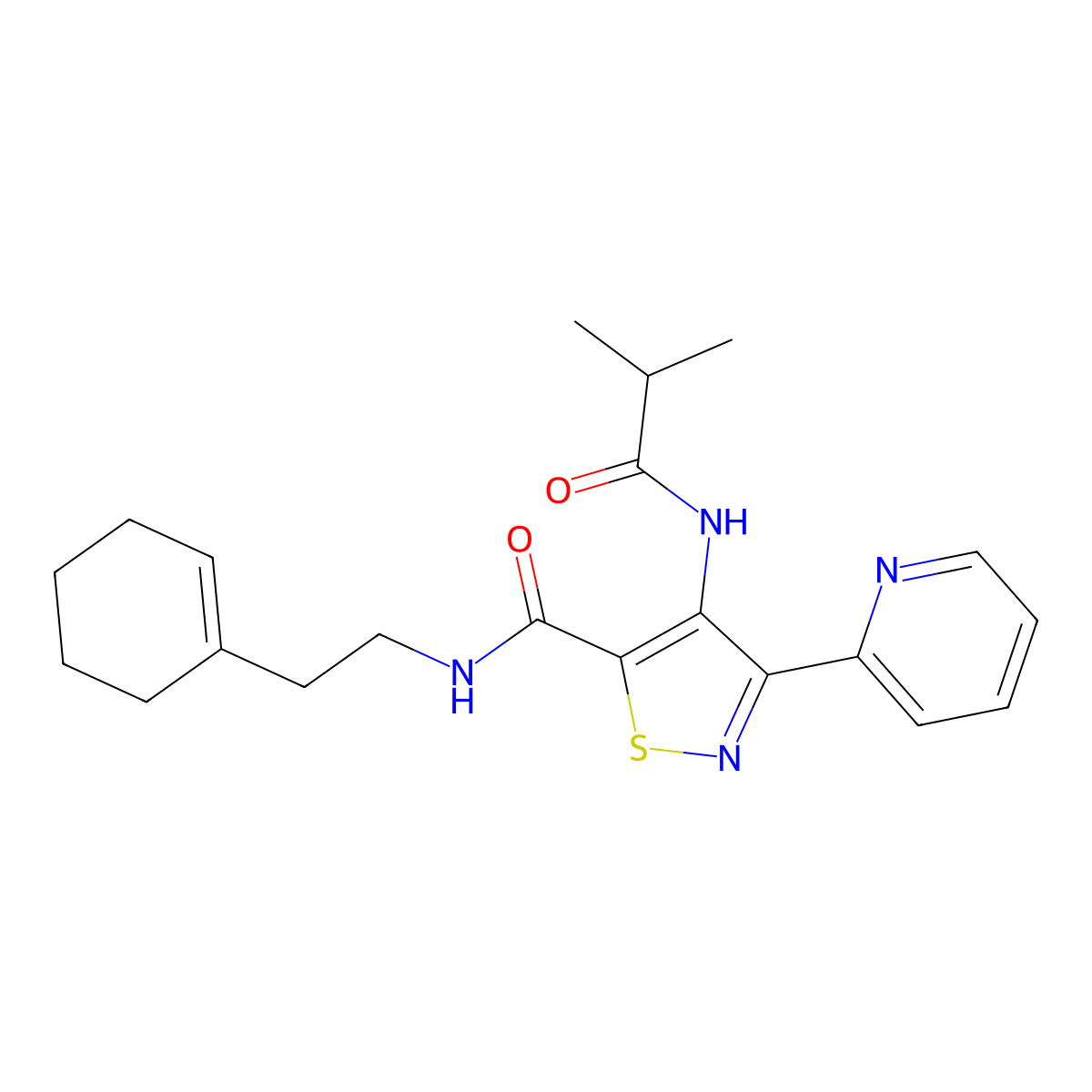 N-(2-cyclohex-1-en-1-ylethyl)-4-(isobutyrylamino)-3-pyridin-2-ylisothiazole-5-carboxamide molecular structure, CAS 1251543-36-8