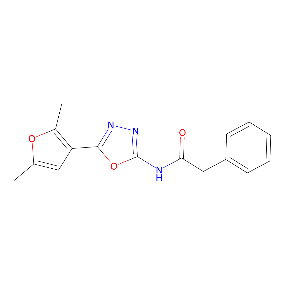 N-[5-(2,5-dimethylfuran-3-yl)-1,3,4-oxadiazol-2-yl]-2-phenylacetamide molecular structure, CAS 1251543-37-9