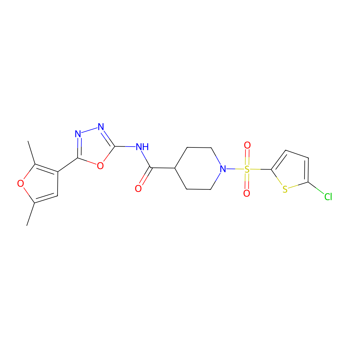 1-[(5-chlorothiophen-2-yl)sulfonyl]-N-[5-(2,5-dimethylfuran-3-yl)-1,3,4-oxadiazol-2-yl]piperidine-4-carboxamide molecular structure, CAS 1251543-41-5