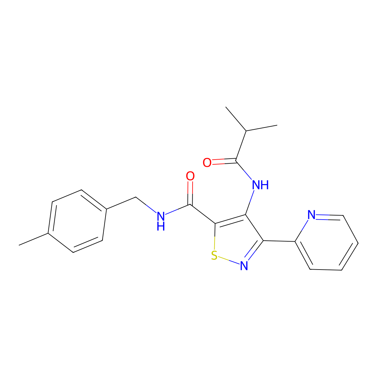 4-(isobutyrylamino)-N-(4-methylbenzyl)-3-pyridin-2-ylisothiazole-5-carboxamide molecular structure, CAS 1251543-42-6