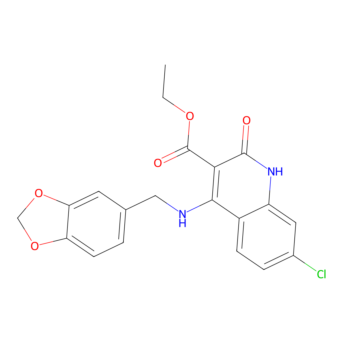 Ethyl 4-((benzo[d][1,3]dioxol-5-ylmethyl)amino)-7-chloro-2-oxo-1,2-dihydroquinoline-3-carboxylate molecular structure, CAS 1251543-45-9