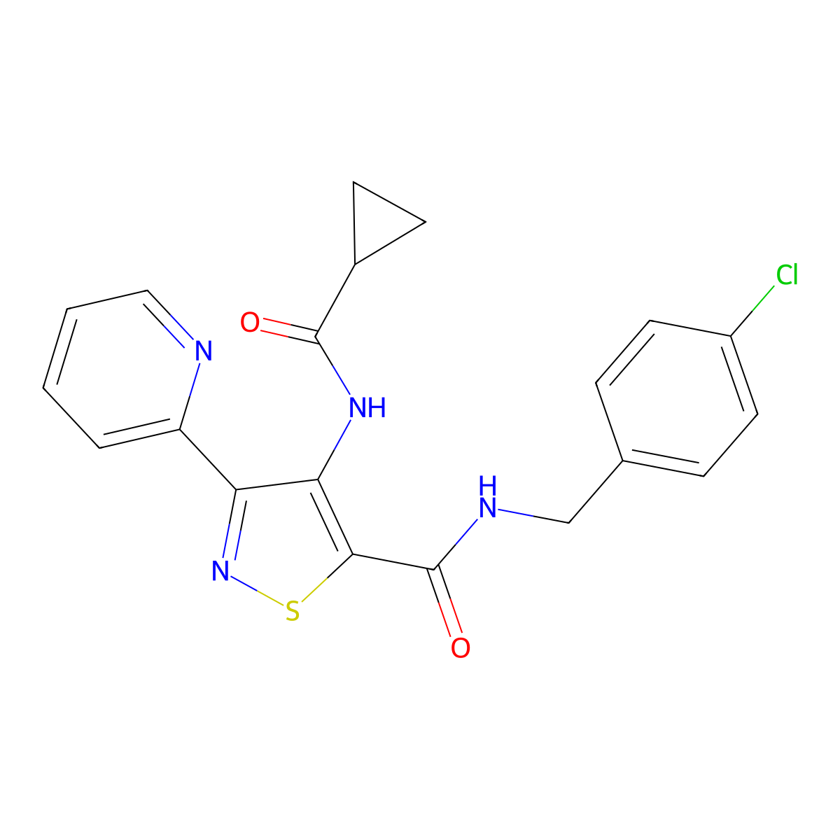 N-[(4-chlorophenyl)methyl]-4-cyclopropaneamido-3-(pyridin-2-yl)-1,2-thiazole-5-carboxamide molecular structure, CAS 1251543-47-1
