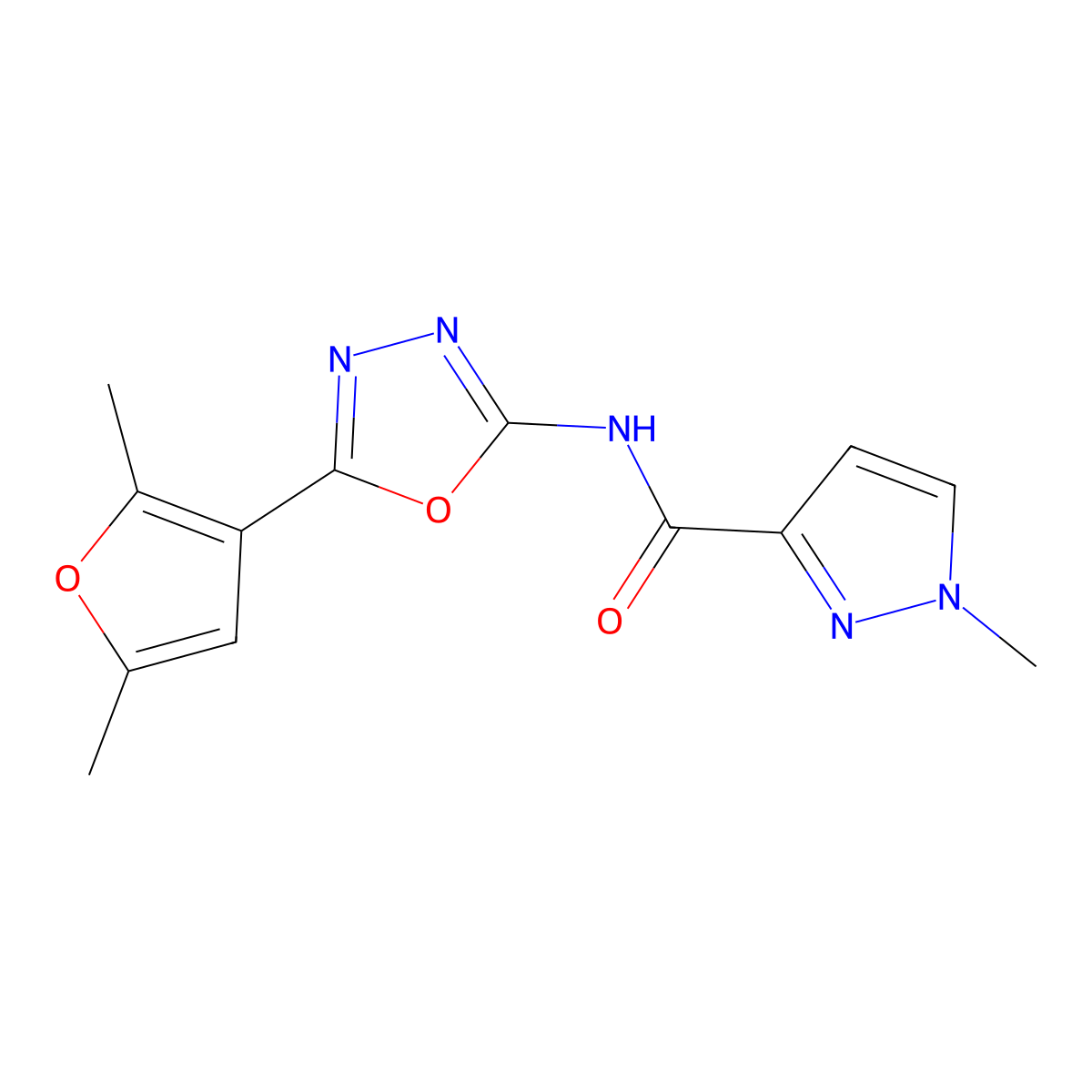 N-[5-(2,5-dimethylfuran-3-yl)-1,3,4-oxadiazol-2-yl]-1-methyl-1H-pyrazole-3-carboxamide molecular structure, CAS 1251543-48-2