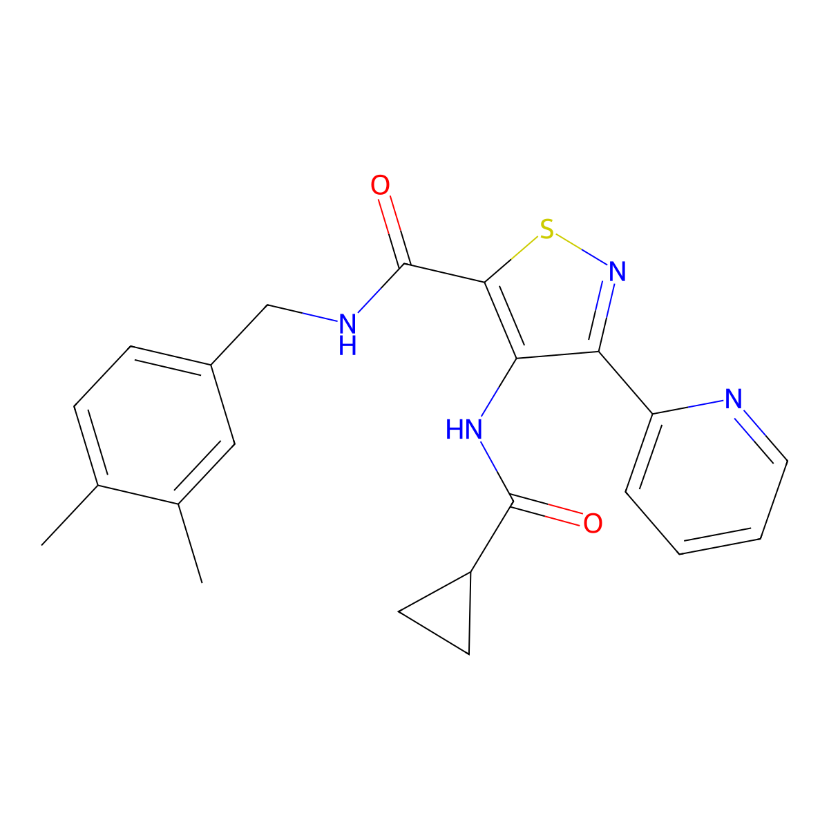 4-cyclopropaneamido-N-[(3,4-dimethylphenyl)methyl]-3-(pyridin-2-yl)-1,2-thiazole-5-carboxamide molecular structure, CAS 1251543-54-0