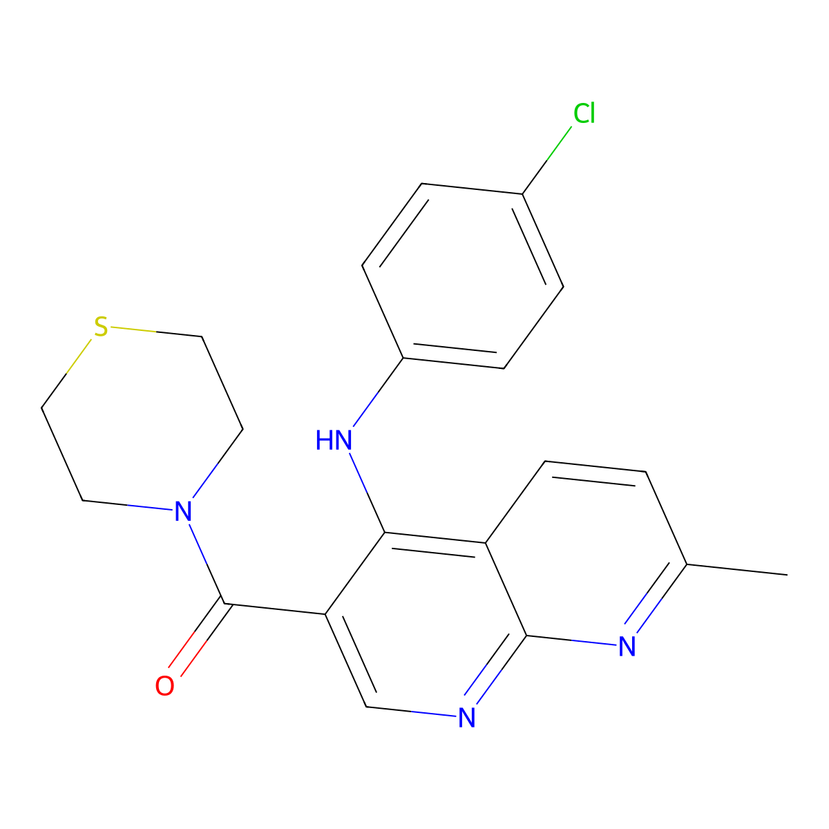 N-(4-chlorophenyl)-7-methyl-3-(thiomorpholine-4-carbonyl)-1,8-naphthyridin-4-amine molecular structure, CAS 1251543-63-1