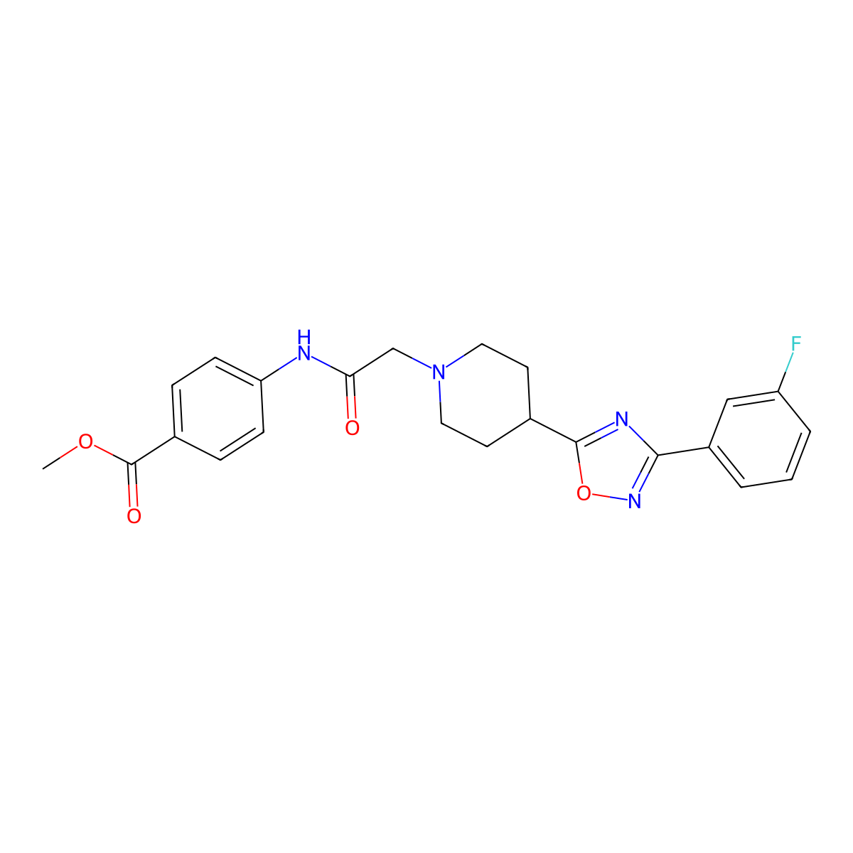Methyl 4-(2-(4-(3-(3-fluorophenyl)-1,2,4-oxadiazol-5-yl)piperidin-1-yl)acetamido)benzoate molecular structure, CAS 1251543-68-6