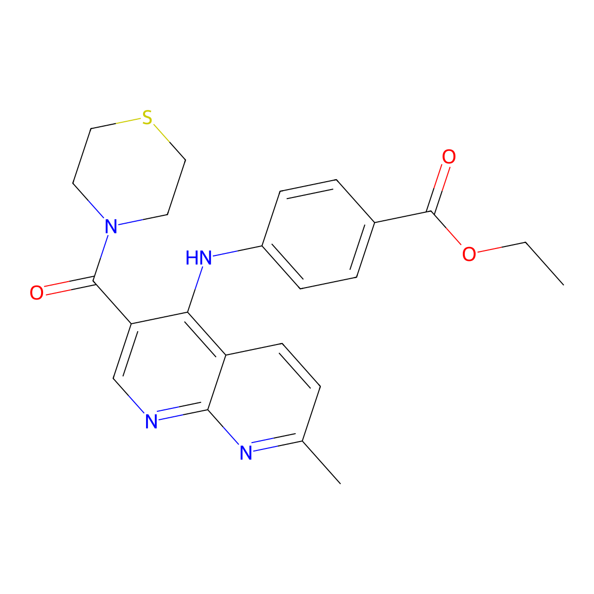 Ethyl 4-{[7-methyl-3-(thiomorpholine-4-carbonyl)-1,8-naphthyridin-4-yl]amino}benzoate molecular structure, CAS 1251543-71-1