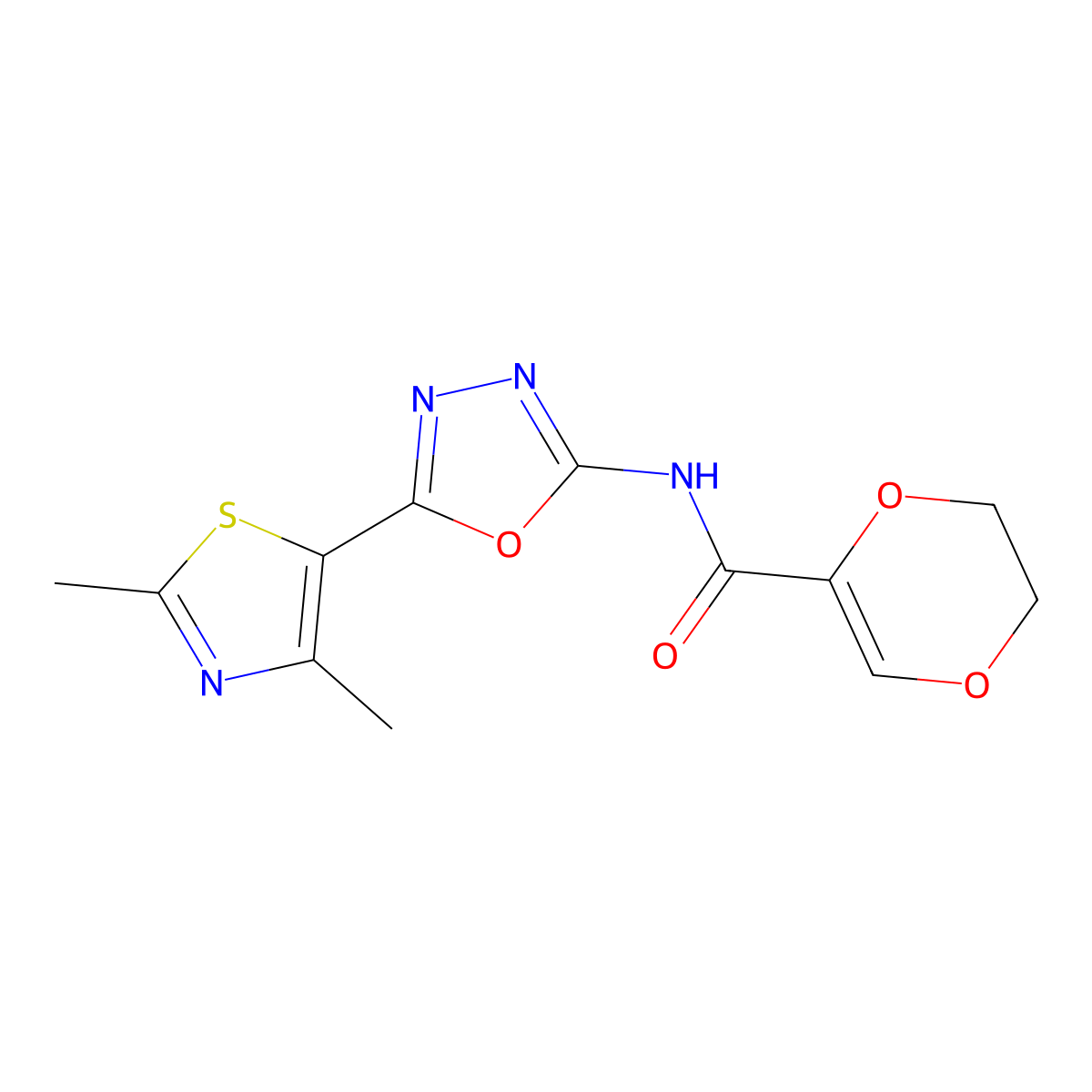 N-(5-(2,4-dimethylthiazol-5-yl)-1,3,4-oxadiazol-2-yl)-5,6-dihydro-1,4-dioxine-2-carboxamide molecular structure, CAS 1251543-79-9
