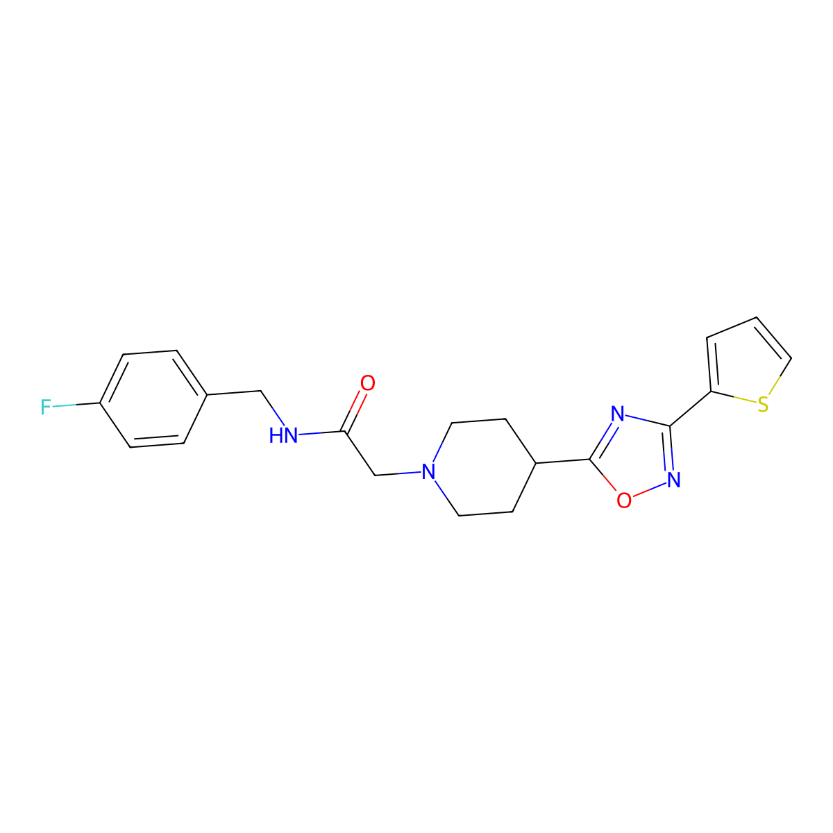 N-(4-fluorobenzyl)-2-(4-(3-(thiophen-2-yl)-1,2,4-oxadiazol-5-yl)piperidin-1-yl)acetamide molecular structure, CAS 1251544-28-1
