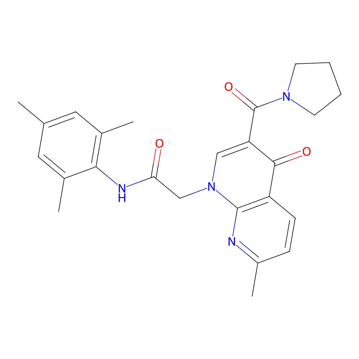 N-mesityl-2-(7-methyl-4-oxo-3-(pyrrolidine-1-carbonyl)-1,8-naphthyridin-1(4H)-yl)acetamide molecular structure, CAS 1251544-37-2