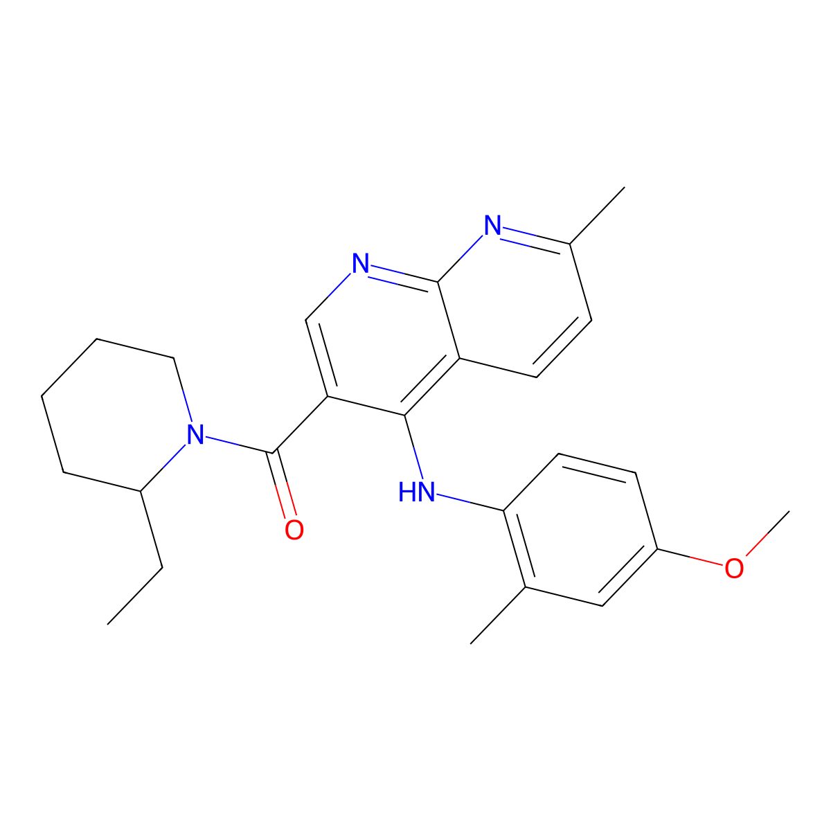 (2-Ethylpiperidin-1-yl)(4-((4-methoxy-2-methylphenyl)amino)-7-methyl-1,8-naphthyridin-3-yl)methanone molecular structure, CAS 1251544-49-6