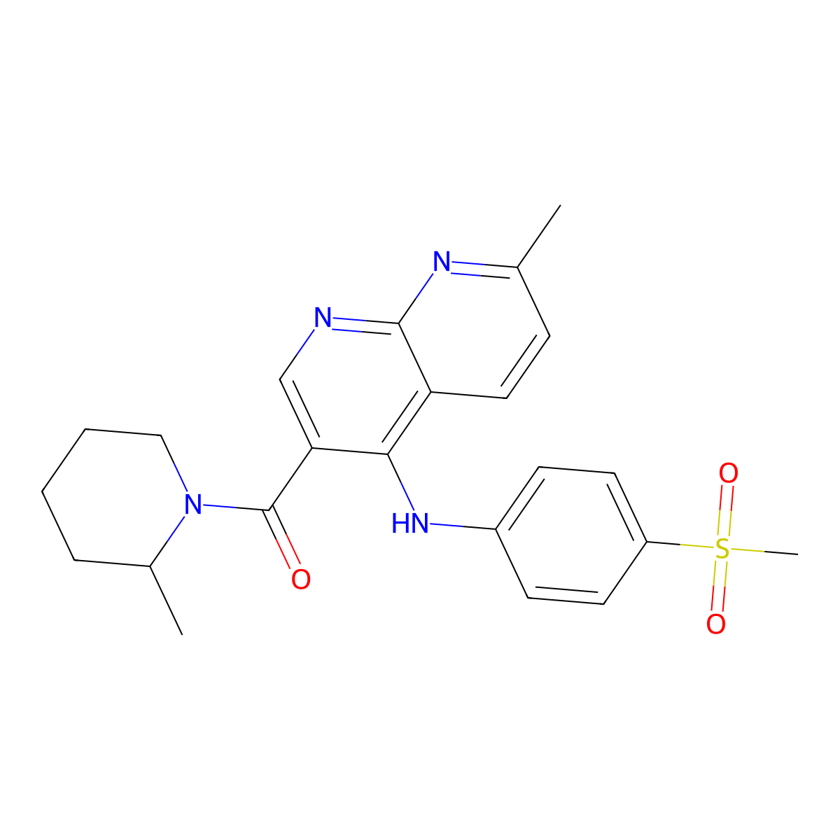 (7-Methyl-4-((4-(methylsulfonyl)phenyl)amino)-1,8-naphthyridin-3-yl)(2-methylpiperidin-1-yl)methanone molecular structure, CAS 1251544-55-4