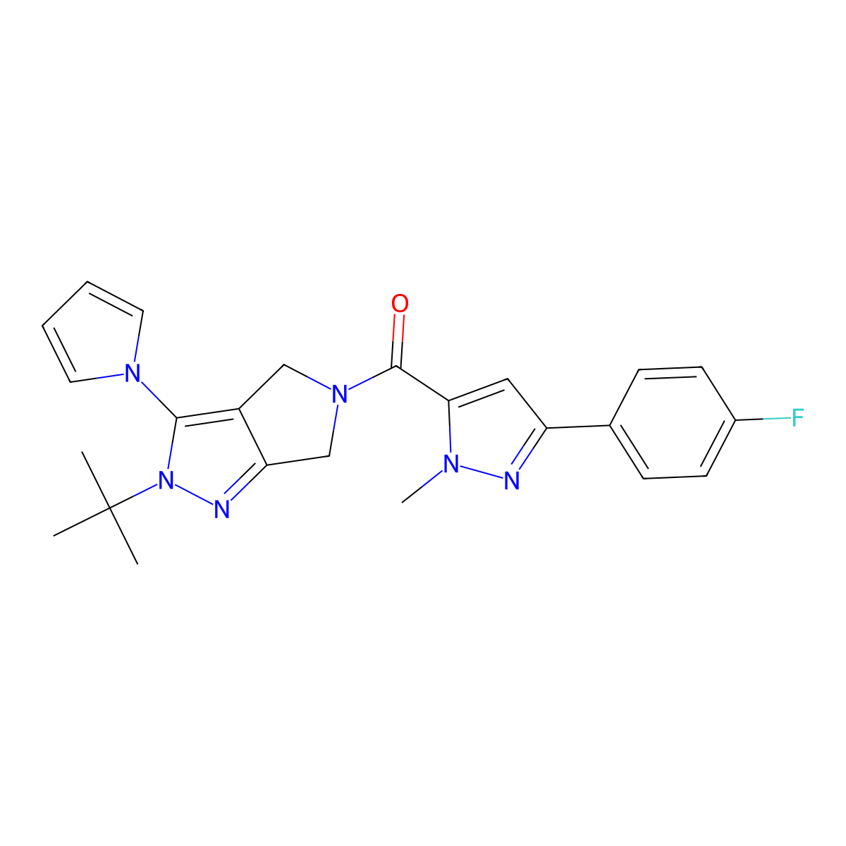(2-(tert-butyl)-3-(1H-pyrrol-1-yl)pyrrolo[3,4-c]pyrazol-5(2H,4H,6H)-yl)(3-(4-fluorophenyl)-1-methyl-1H-pyrazol-5-yl)methanone molecular structure, CAS 1251544-62-3