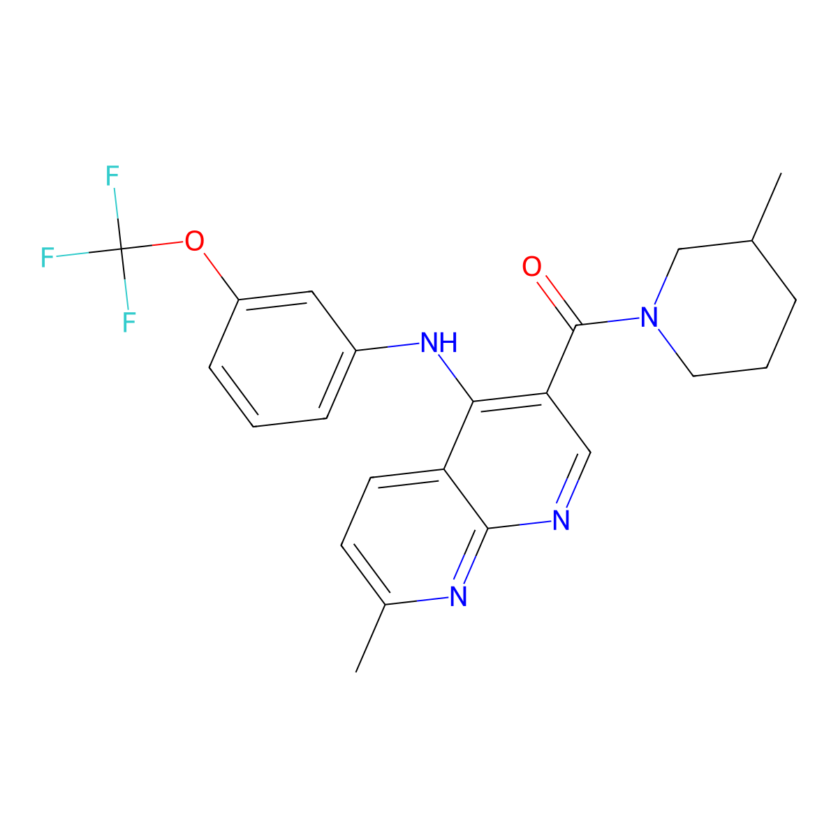 (7-Methyl-4-((3-(trifluoromethoxy)phenyl)amino)-1,8-naphthyridin-3-yl)(3-methylpiperidin-1-yl)methanone molecular structure, CAS 1251544-63-4