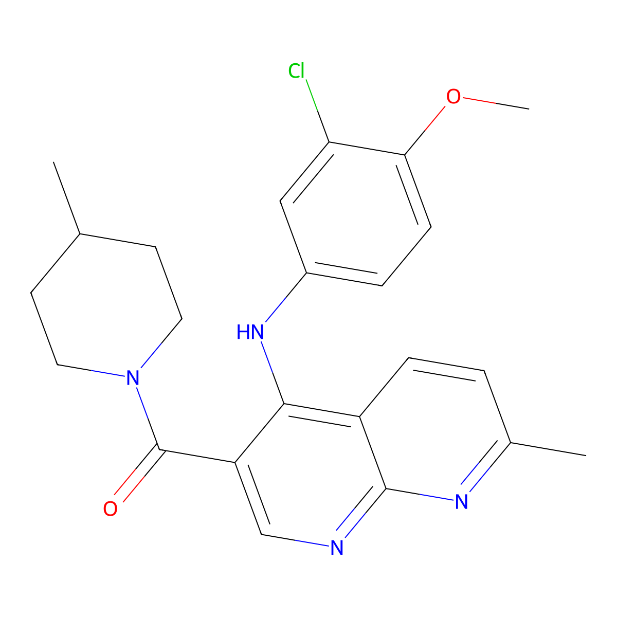 (4-((3-Chloro-4-methoxyphenyl)amino)-7-methyl-1,8-naphthyridin-3-yl)(4-methylpiperidin-1-yl)methanone molecular structure, CAS 1251544-74-7