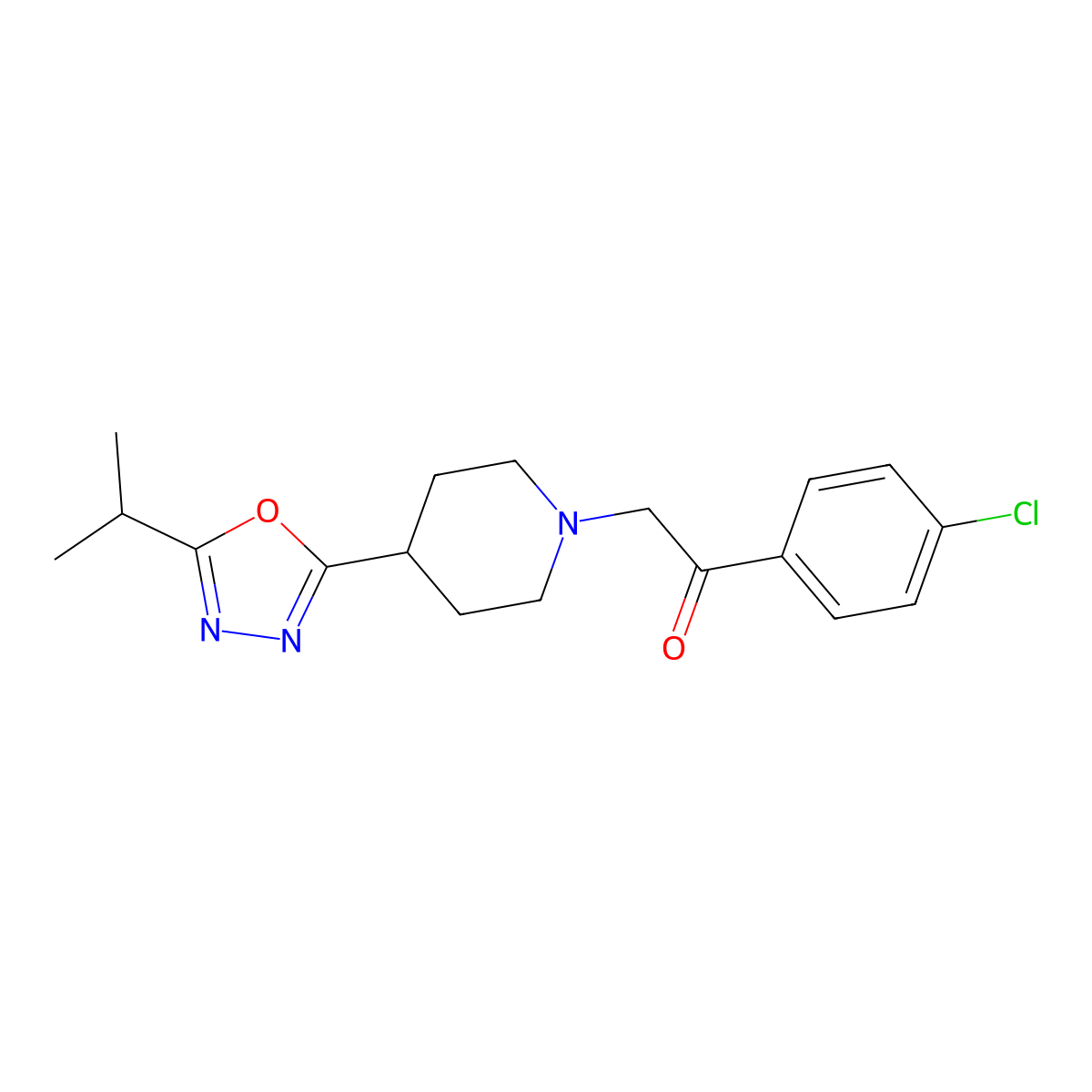 1-(4-Chlorophenyl)-2-(4-(5-isopropyl-1,3,4-oxadiazol-2-yl)piperidin-1-yl)ethanone molecular structure, CAS 1251544-88-3
