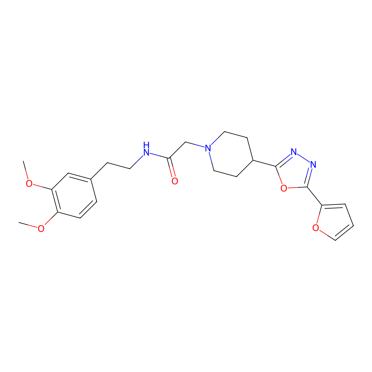 N-(3,4-dimethoxyphenethyl)-2-(4-(5-(furan-2-yl)-1,3,4-oxadiazol-2-yl)piperidin-1-yl)acetamide molecular structure, CAS 1251544-99-6