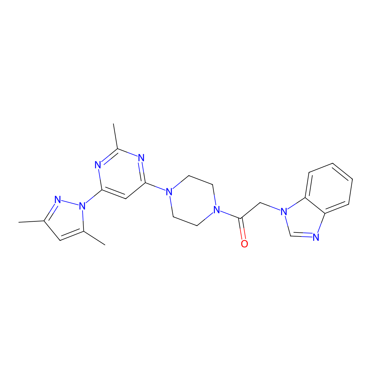2-(1H-benzo[d]imidazol-1-yl)-1-(4-(6-(3,5-dimethyl-1H-pyrazol-1-yl)-2-methylpyrimidin-4-yl)piperazin-1-yl)ethanone molecular structure, CAS 1251545-15-9