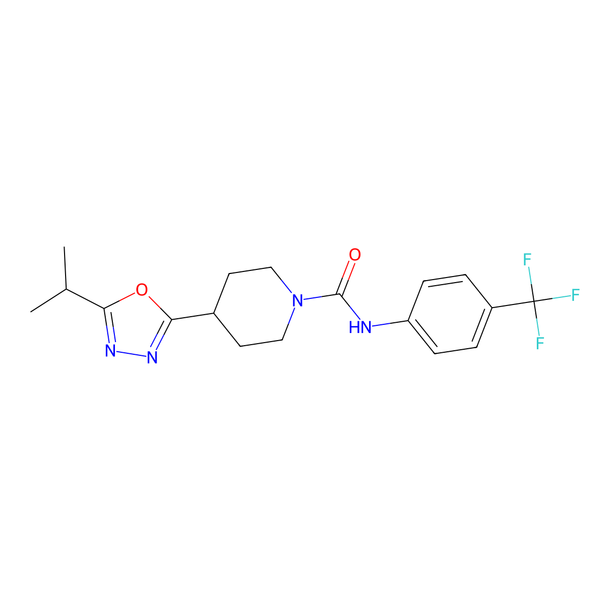 4-(5-isopropyl-1,3,4-oxadiazol-2-yl)-N-(4-(trifluoromethyl)phenyl)piperidine-1-carboxamide molecular structure, CAS 1251545-19-3