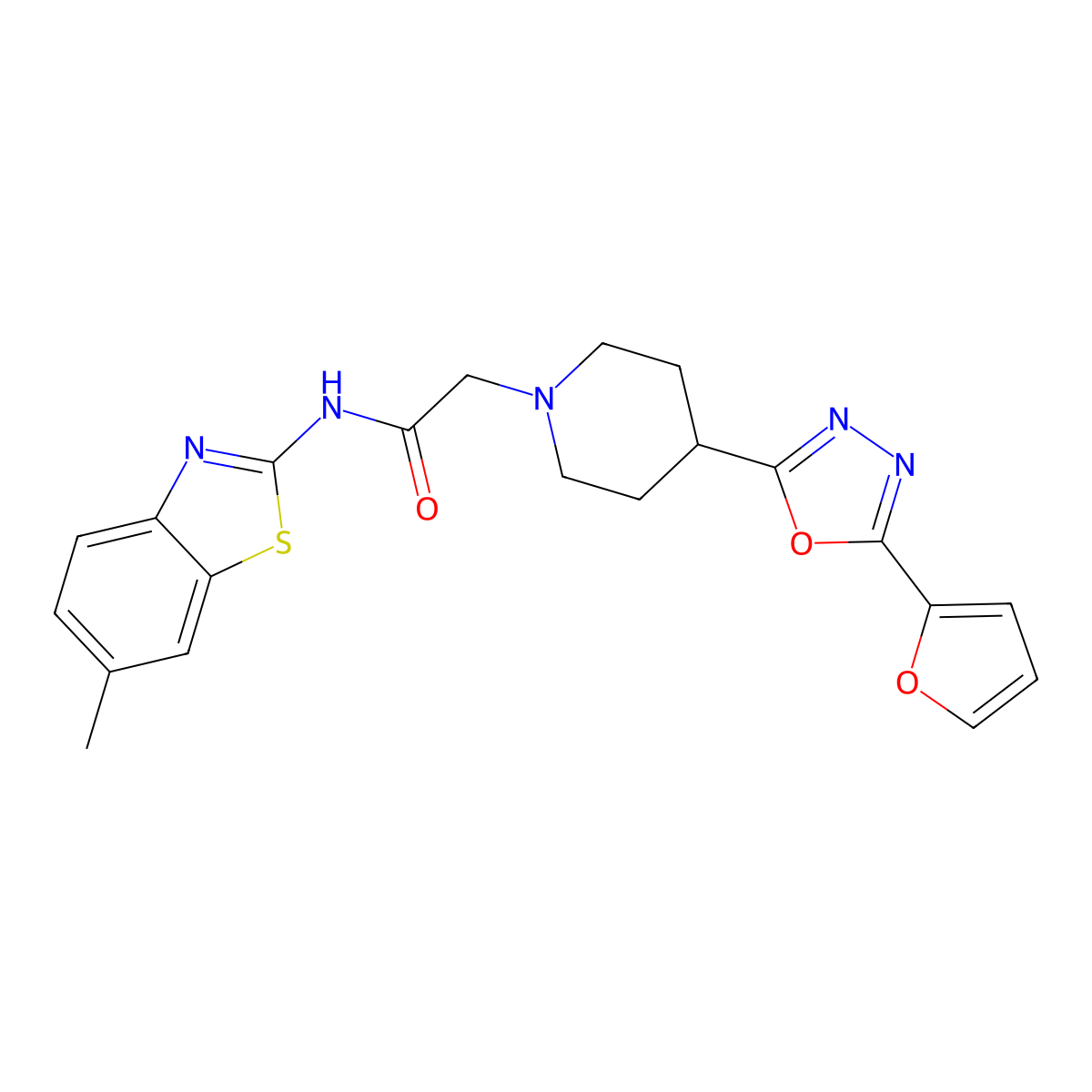 2-(4-(5-(furan-2-yl)-1,3,4-oxadiazol-2-yl)piperidin-1-yl)-N-(6-methylbenzo[d]thiazol-2-yl)acetamide molecular structure, CAS 1251545-24-0