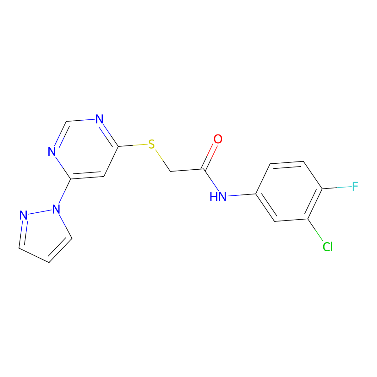 2-((6-(1H-pyrazol-1-yl)pyrimidin-4-yl)thio)-N-(3-chloro-4-fluorophenyl)acetamide molecular structure, CAS 1251545-28-4