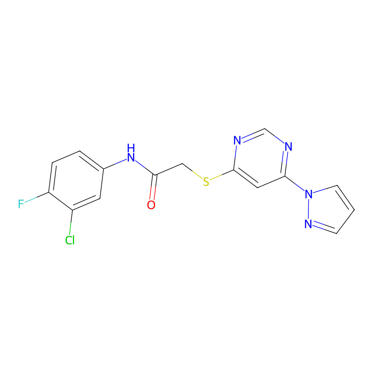 2-((6-(1H-pyrazol-1-yl)pyrimidin-4-yl)thio)-N-(3-chloro-4-fluorophenyl)acetamide molecular structure, CAS 1251545-28-4