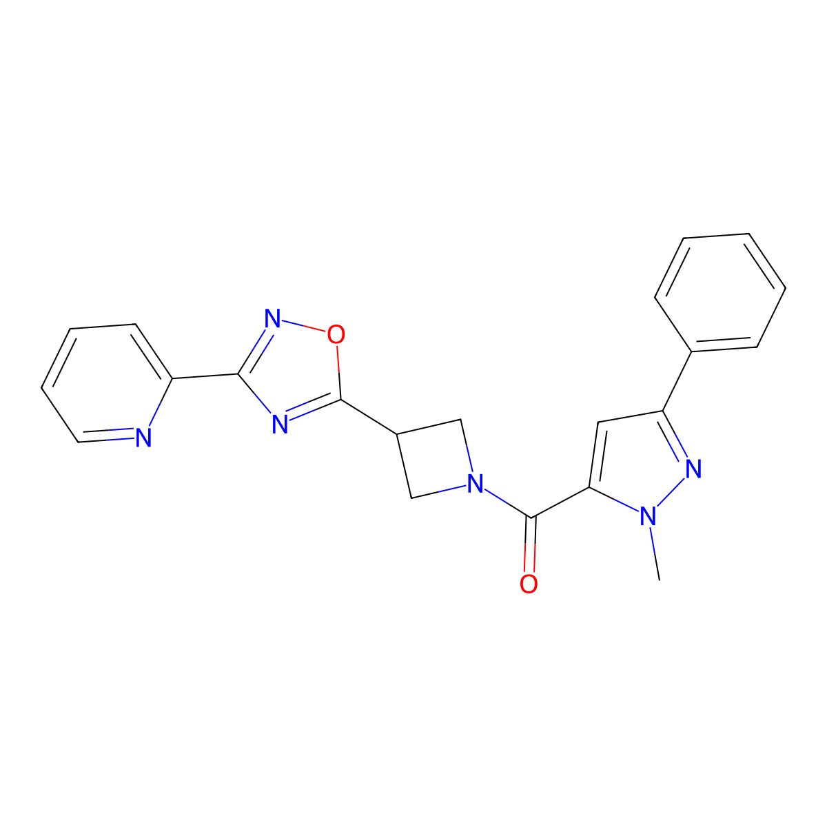 (1-methyl-3-phenyl-1H-pyrazol-5-yl)(3-(3-(pyridin-2-yl)-1,2,4-oxadiazol-5-yl)azetidin-1-yl)methanone molecular structure, CAS 1251545-54-6