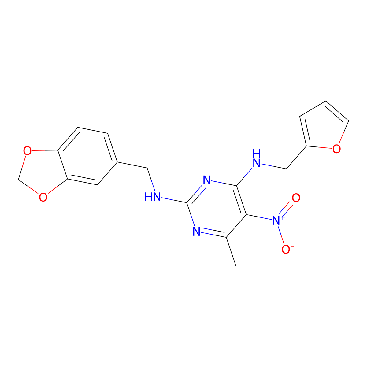 N2-(benzo[d][1,3]dioxol-5-ylmethyl)-N4-(furan-2-ylmethyl)-6-methyl-5-nitropyrimidine-2,4-diamine molecular structure, CAS 1251545-75-1