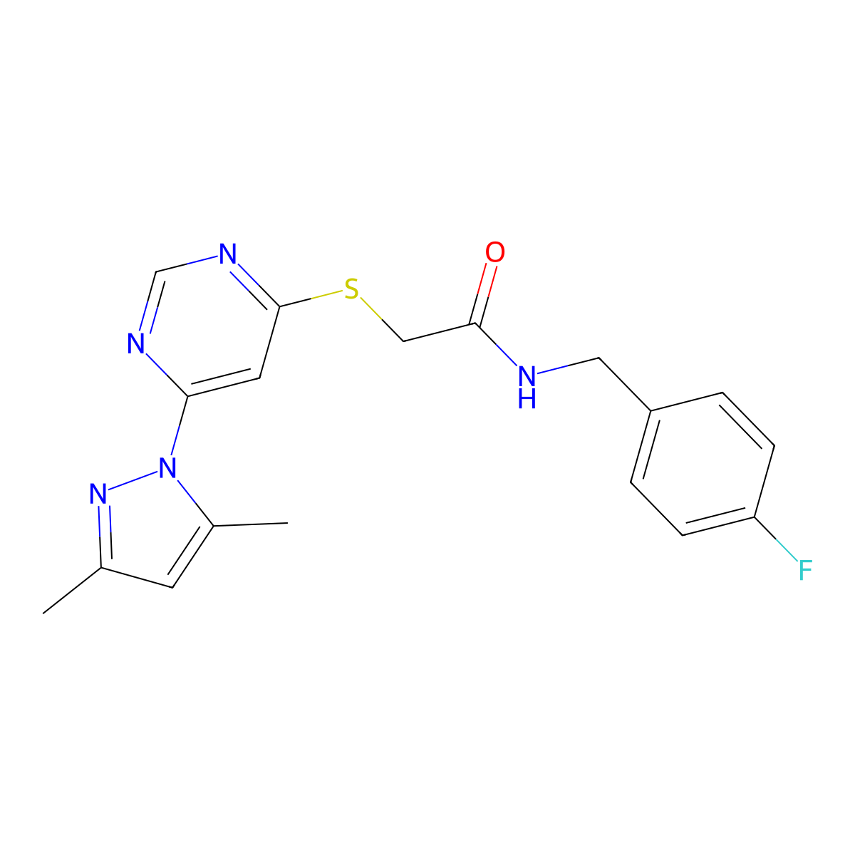 2-((6-(3,5-dimethyl-1H-pyrazol-1-yl)pyrimidin-4-yl)thio)-N-(4-fluorobenzyl)acetamide molecular structure, CAS 1251545-81-9