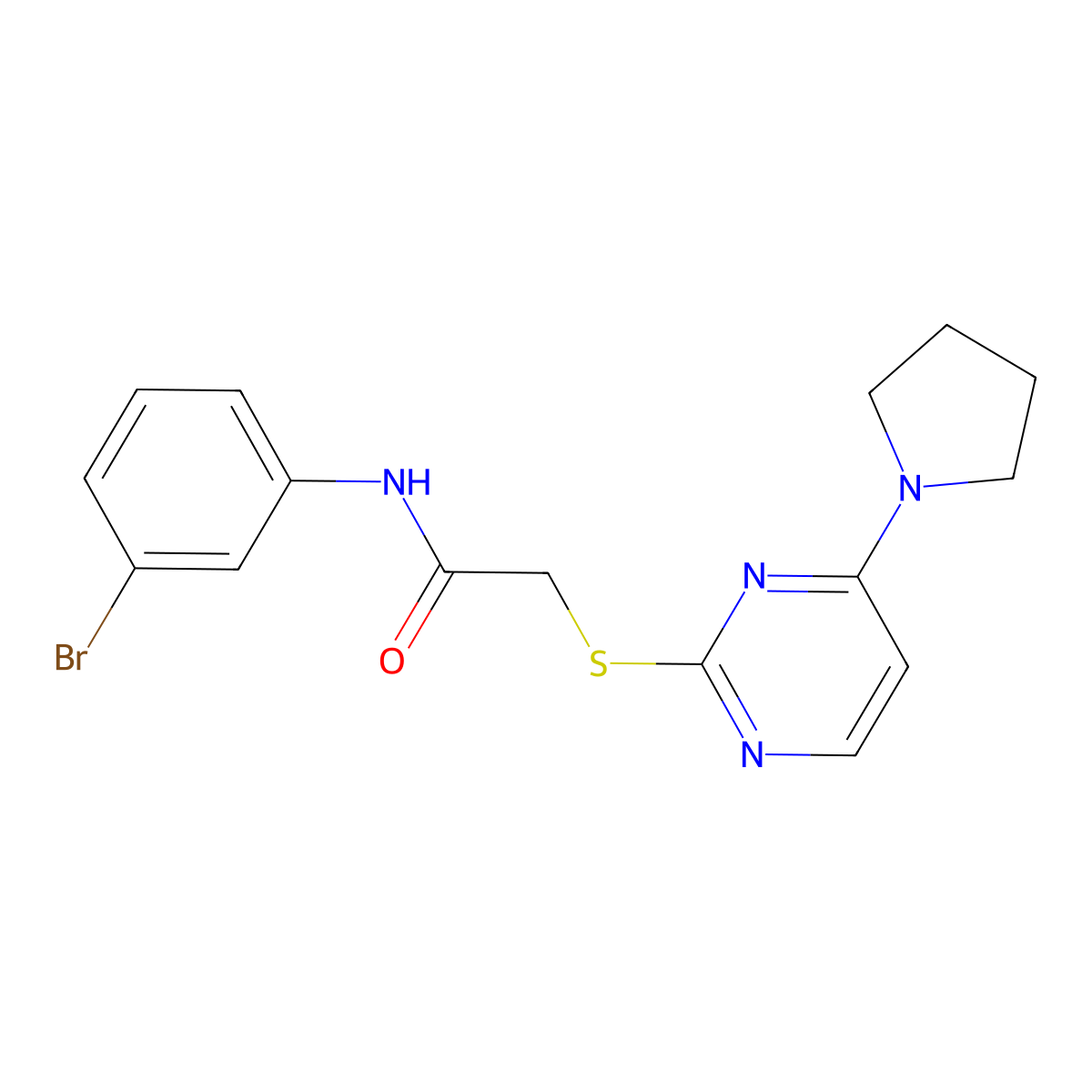 N-(3-bromophenyl)-2-((4-(pyrrolidin-1-yl)pyrimidin-2-yl)thio)acetamide molecular structure, CAS 1251546-02-7