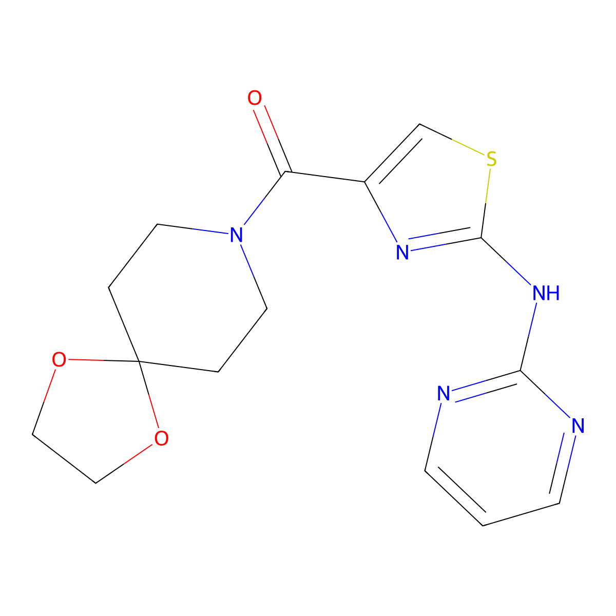 (2-(Pyrimidin-2-ylamino)thiazol-4-yl)(1,4-dioxa-8-azaspiro[4.5]decan-8-yl)methanone molecular structure, CAS 1251546-03-8